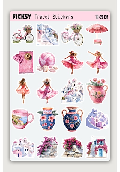Santorini Ege Adası Sticker Seti - 40 Adet Yaz Tatil Seyahat Travel Gezgin Etiket Çıkartma Diğer