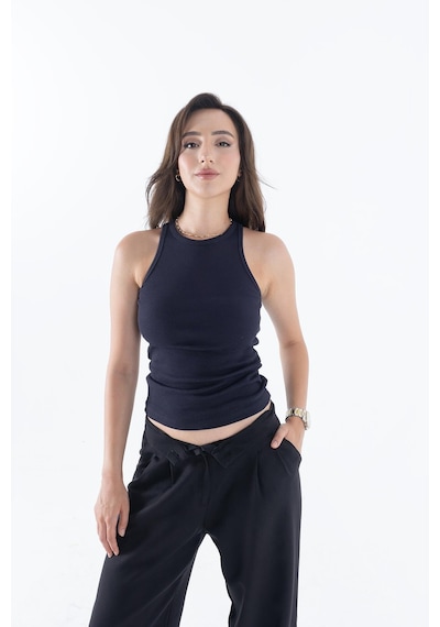 Comeor Fitilli Regular Fit Normal Kalıp Lacivert Bisiklet Yaka Sıfır Kol Pamuklu Kadın Atlet Lacivert