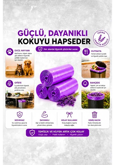 Büzgülü Çöp Poşeti Lavanta Kokulu 65 70 Cm Büyük Boy 5 Rulo Dayanıklı Sızdırmaz Kalın Çöp Torbası