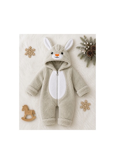Tatlı Tavşan Desenli Welsoft Bebek Tulumu Kapüşonlu Peluş Fermuarlı Kışlık Unisex Bebek Tulumu Yeşil