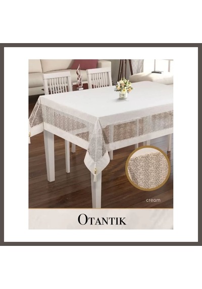 Bezos Otantik Model Krem 160x220 Cm Keten İşlemeli Masa Örtüsü Dantelli Yemek Masası Nxrlvng