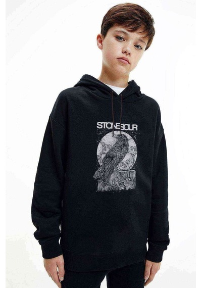 Tshirthane Stone Sour Crow Baskılı Unisex Çocuk Kapüşonlu Siyah Sweatshirt
