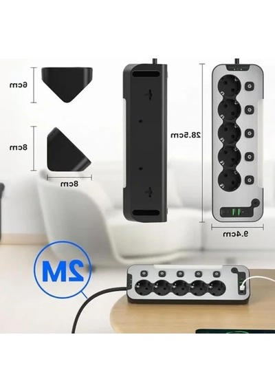 5'li Işıklı Akım Korumalı Priz, 2 Metre Kablo Ve Usb Girişleri İle 0