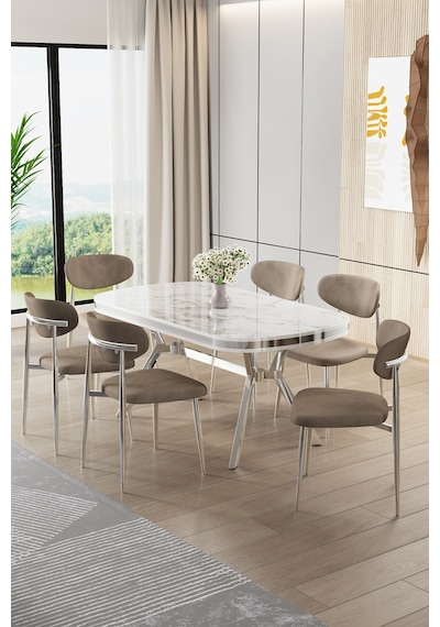 Canisa Olya Serisi 90x168 Lak Panel Beyaz Mermer Desenmasa Takımı Krom Ayaklı 6 Cappucino Sandalye Masa Beyaz Mermer Cappucino Sandalye Canisa Olya Serisi 90x168 Lak Panel Beyaz Mermer Desenmasa Takımı Krom Ayaklı 6 Cappucino Sandalye Masa Beyaz Mermer Cappucino Sandalye
