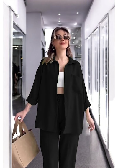 Yazlık Gömlek Pantolon Alt Üst Rahat Keten Takım siyah