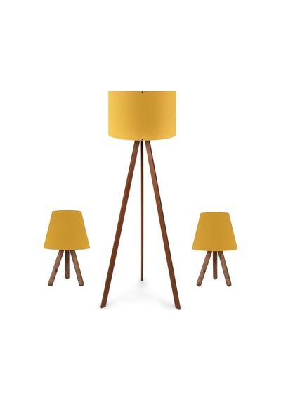 Pratik Tripod Lambader Ve İki Adet Ahşap Üç Ayaklı Abajur Ceyiz Seti Sarı Kumaş