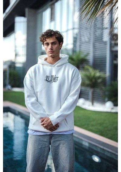 Barlashive Erkek Kapüşonlu Kanguru Cepli Sweatshirt 3 İplik Pamuklu Baskılı Hoodie - Beyaz Çok Renkli