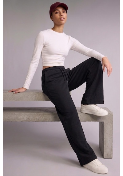Soft&Basic Kadın Beli Bağcıklı Düz Paça Cepli Rahat Jogger Flare Fit Eşofman Altı Siyah