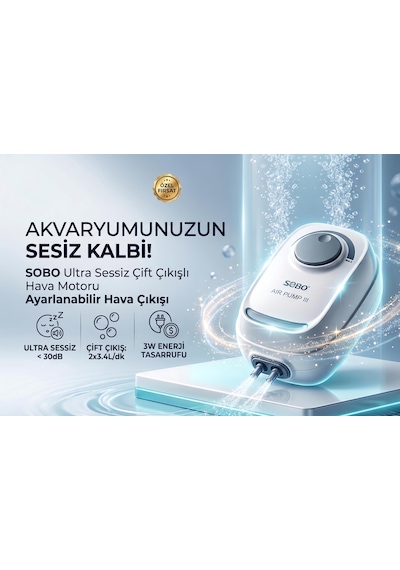 Akvaryum Hava Motoru - Çift Çıkışlı - Ultra Sessiz - Ayarlanabilir Hava Çıkışı - Ar-10 - 3w - 2x3.4lt/dakika