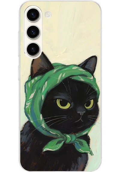 Samsung Galaxy S24 Plus Uyumlu Babushka Yeşil Başörtülü Siyah Kedi Baskılı Silikon Kılıf Renkli