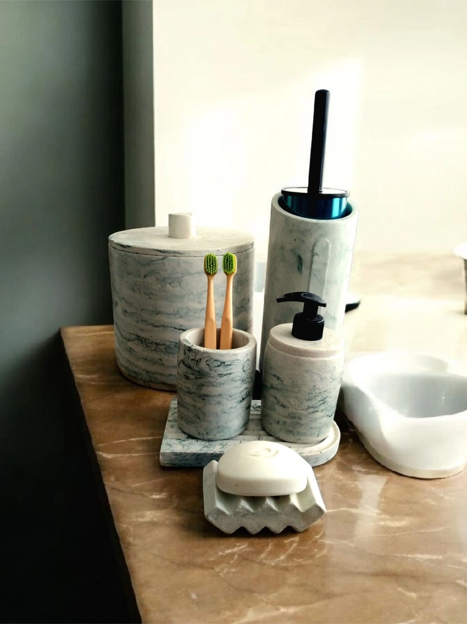 Yeşil Mermer Desen Beton Banyo Seti,çöp Kovasi,fırçalık,katı,sıvı Sabunluk,diş Fırçalık,mumluk Yeşil