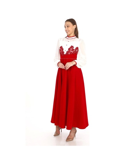 Göğüs Dantel İşlemeli Kadife Abiye 2743- Kırmızı