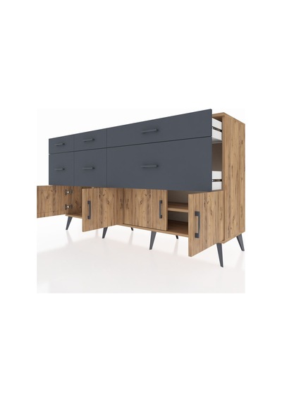 Kronos Konsol Tek Raflı 6 Çekmeceli 4 Kapaklı 176x59x99 Çam-çam/a Çam-çam/antrasit
