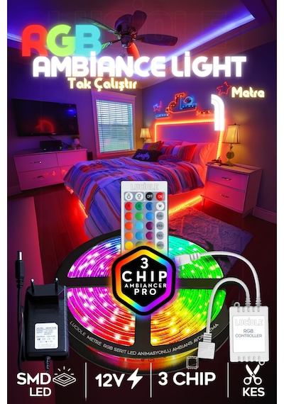 1 Mt Şerit Led Animasyonlu Tak Çalıştır Kumandalı Rgb Işık Duvar Aydınlatma Ambiyans Parti Led