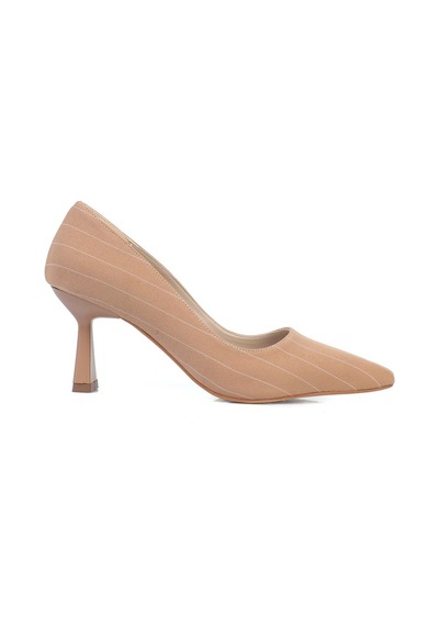 Shoetek Luana Kadın Stiletto Çizgili Kumaş Topuklu Ayakkabı Bej Saten Bej