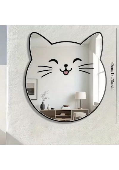 Kırılmaz Pleksi Gülen Kedi Duvar Aynası - 35x35 Cm Çocuk Ve Bebek Odası Dekoratif Ayna Diğer