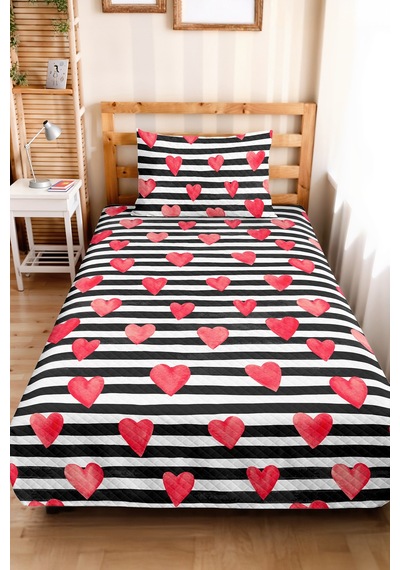Çizgili Kalp Siyah Genç Odası Tek Kişilik Pike Takımı-modern Kırmızı 160x220cm Kapitone Yatak Örtüsü Kadife Defne Nefesi