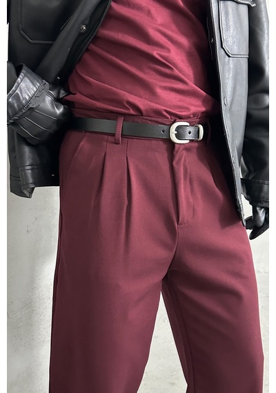 Erkek Pileli Baggy Kalıp Kumaş Pantolon Bordo