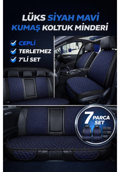 Tegin Üniversal Uyumlu Kumaş Koltuk Minderi Kapitone Desen Terletmez Yedili Set Siyah Mavi