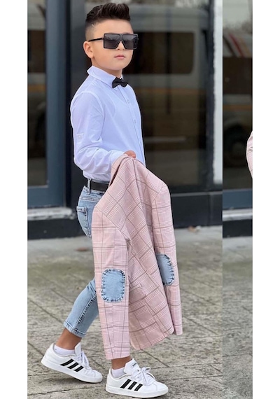 Riccotarz Erkek Çocuk Çizgili Blazer Ceket Kot Pantolon Pudra Şeker Alt Üst Takım Pembe