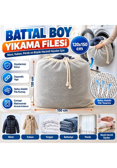 Battal Boy 120x150 Cm Mont Ve Perde Yıkama Filesi Extra Büyük, Dayanıklı, Nefes Alabilir Çamaşır Kor Diğer