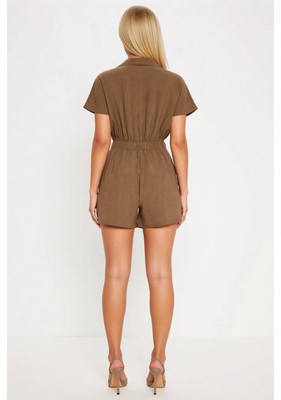 Benerly Kadın Gömlek Yaka Düşük Kısa Kol Dokuma Kumaş Mini Tulum Straight Camel