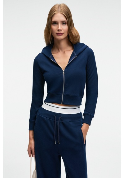 Grimelange COSIMA Kadın Metal Fermuarlı Kapüşonlu Crop Lacivert Sweatshirt