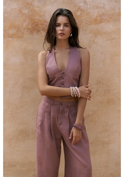 Mai Collection Mai Studios Co. Lvdovila Açık Bordo Keten Crop Yelek Pantolon Takım Acık Bordo