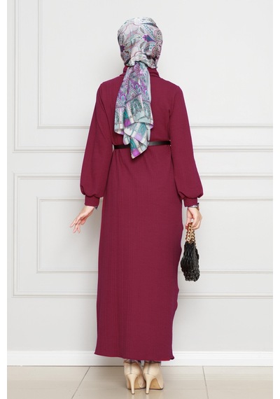 Sevitli Balıkçı Yaka Kemerli Elbise-bordo-4553 Bordo