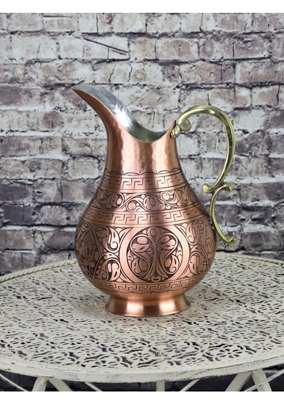 Keski İşlemeli Eskitme Bakır Sürahi