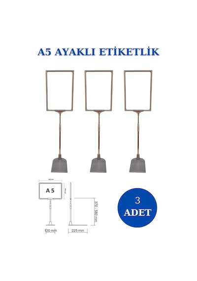 3 Adet Gri A5 Ayaklı Etiketlik Sepet Etiketi Çerçeveli Etiketlik Gri
