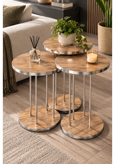 Sulorahome Ceviz Desenli Gümüş Metal Ayaklı 4'lü Sehpa Seti