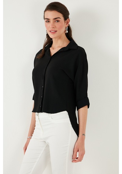 Lela Oversize Fit Önü Kısa Arkası Uzun Truvakar Kol Bayan Gömlek 5866116 Siyah