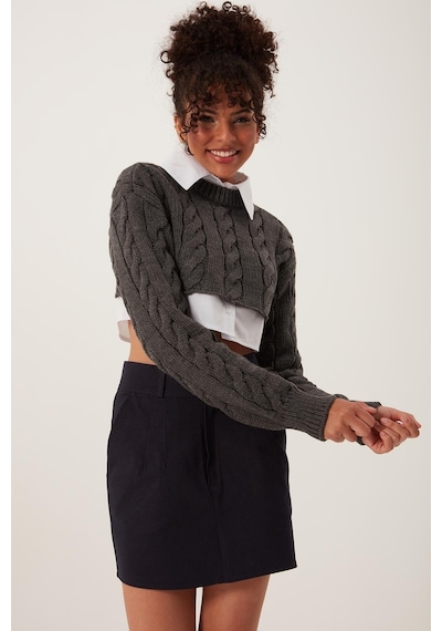 Quhox Kadın Triko Crop Sweatshirt Antrasit