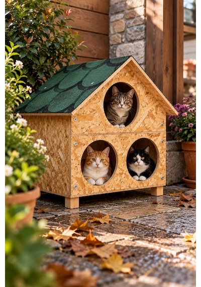 Reyo 3 Bölmeli Büyük Kedi Evi Osb Su Yalıtımlı Rüzgar ve Soğuğa Dayanıklı Ahşap Kedi Evi Sokak Hayvanları İçin Kedi Barınağı Kedi Yuvası 58 x 58 x 40 CM CAT28