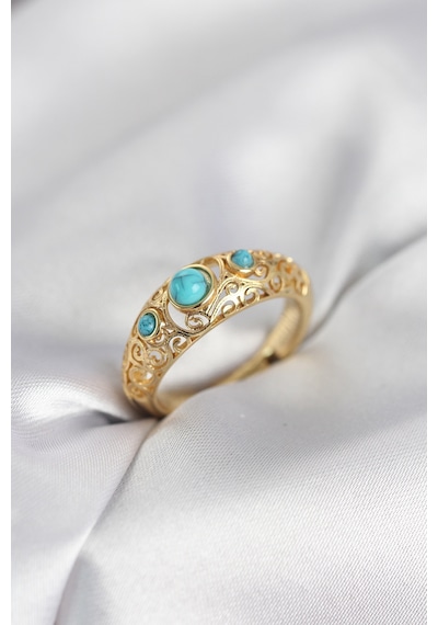Vintage Model Mavi Taşlı Gold Renk Kadın Yüzük Açık Mavi