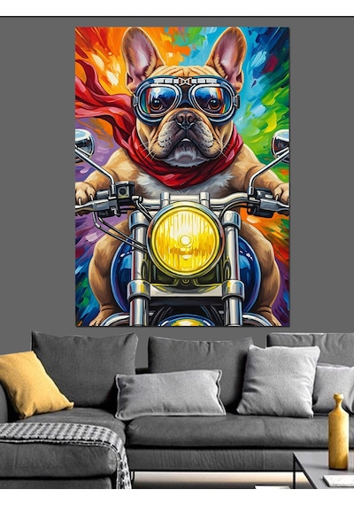 Ahşap Tablo Motosiklet Süren Bulldog Köpek