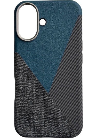 Apple Uyumlu iPhone Akfa 16 Craft Serisi Deri Karbon Ve Kumaş Tasarımlı Lüks Premium Telefon Kılıfı Turkuaz
