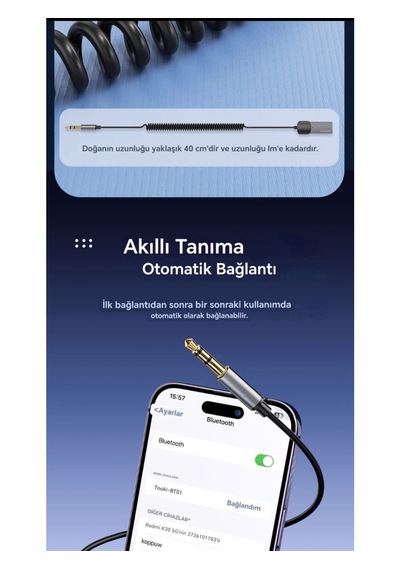 Toocki İvoomi Aux Bluetooth Mikrofonlu 3.5mm 5.0 Verici Araç Kiti