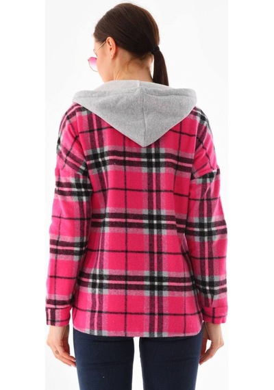 Polologin Butik Kadın Fuşya Pembe Kapüşonlu Ekose Oduncu Gömlek Ceket Pembe