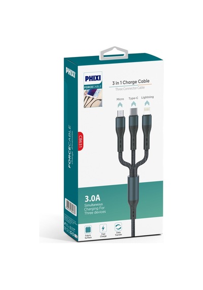Force Cb631 Örgü 3 İn 1 Mikro / Lightning / Type-c Data Şarj Kablosu - Siyah- Tek Ebat
