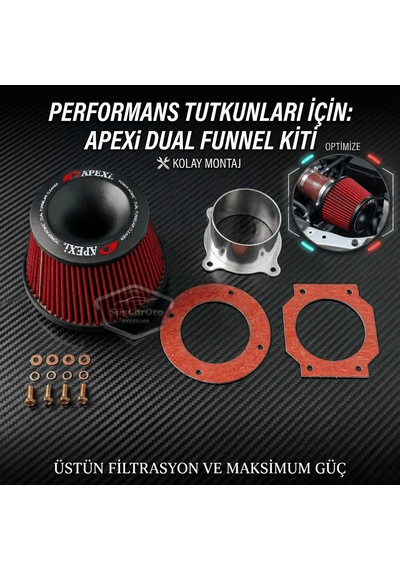 Apexi Universal Performans Ve Ses Arttırıcı Aparatlı Açık Hava Filtresi Seti +6 Hp Dual Funnel Kırmızı 76 Mm