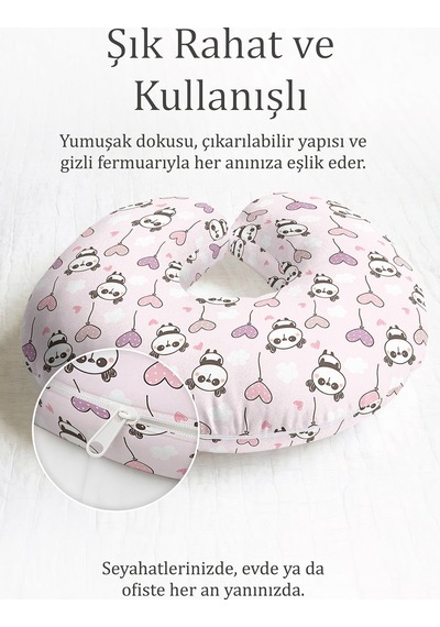 Panda Desenli Pamuklu Boyun Yastığı - Sevimli Kalpli Pembe Mor Çocuk & Yetişkin Seyahat Yastığı Canlı Dumanlı Platin