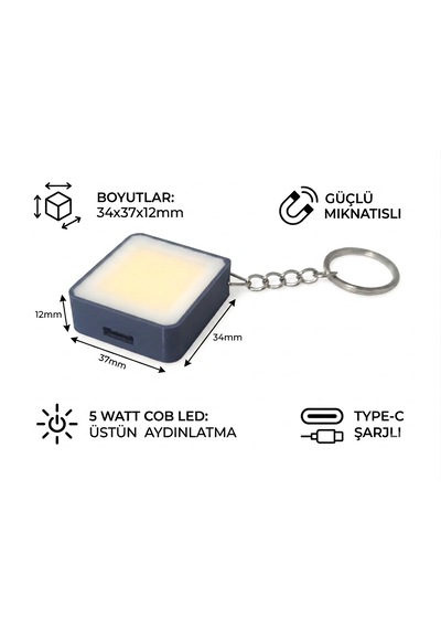 Mini Şarjlı COB Led El Feneri Anahtarlık - 5w Güçlü Aydınlatma, Mıknatıslı