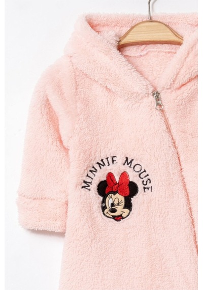 Kışlık Tatlı Welsoft Minnie Mouse Nakışlı Fermuarlı Kapüşonlu Bebek Tulum Pembe