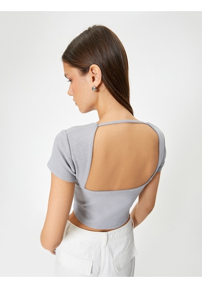 Koton Sırt Dekolteli Tişört Crop Kısa Kollu Fitilli Slim Fit Gri 4sal10804ık Gri