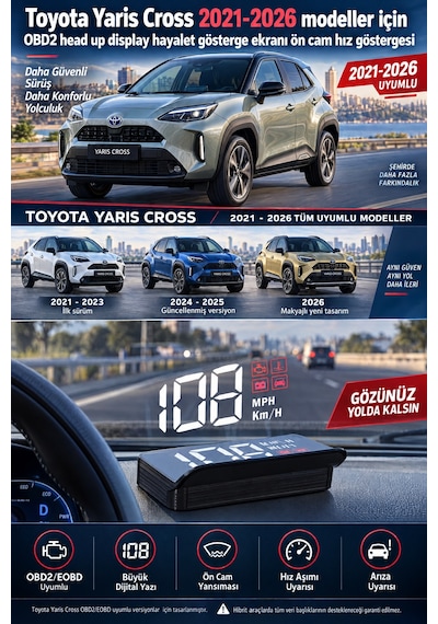 Toyota Yaris Cross 2021-2026 Modeller İçin Obd2 Head Up Display Hayalet Gösterge Ekranı Ön Cam Hız Göstergesi