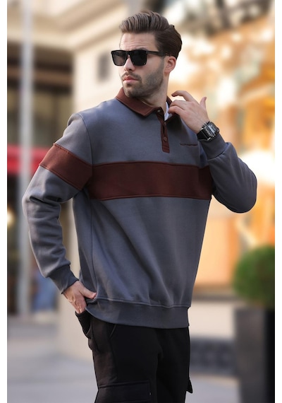 Madmext Füme Polo Yaka Renk Bloklu Erkek Sweatshirt 7072 Füme
