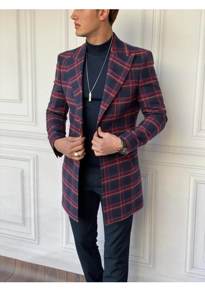 Modefendi Slim Fit İtalyan Kesim Ekose Kaşe Kaban Lacivert