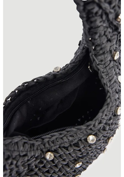 Yıldız Kristal Taşlı Siyah Örme Düğümlü Yarım Ay Silüetli Rustik Makrome Portföy Clutch Fermuarlı Astırlı Örgü Hasır Yazlık Tatil El Çantası Yıldız Kristal Taşlı Siyah Örme Düğümlü Yarım Ay Silüetli Rustik Makrome Portföy Clutch Fermuarlı Astırlı Örgü Hasır Yazlık Tatil El Çantası